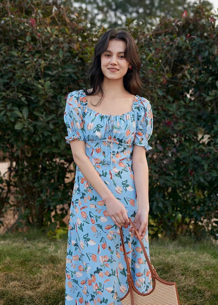 Blossom Breeze Dress | Puff Sleeve Blue Floral Summer Dress