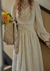 Cream Beige Vintage Ruched Waist Embroidered Dress