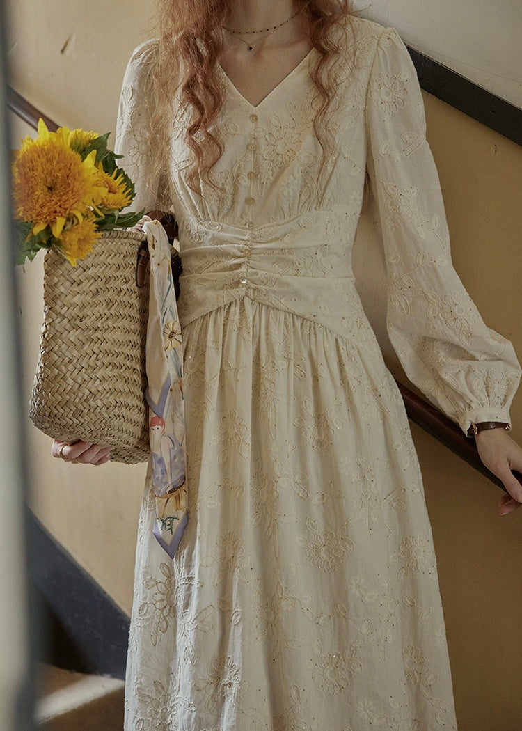 Cream Beige Vintage Ruched Waist Embroidered Dress