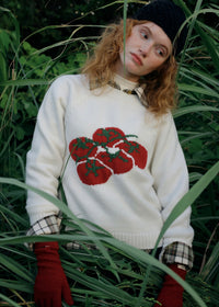 Tomato Jacquard Crew Neck Knit Sweater