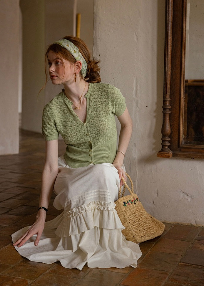 April Lace Knit Blouse | Romantic White Crochet Cotton Cardigan Top(2COLOR)