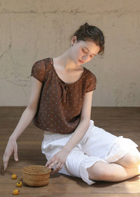 Cocoa Dots Short Sleeve Ribbon Tie Blouse