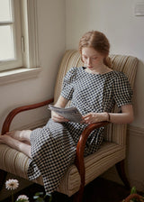 Black Gingham Wrap Dress Puff Sleeve Vintage Dress