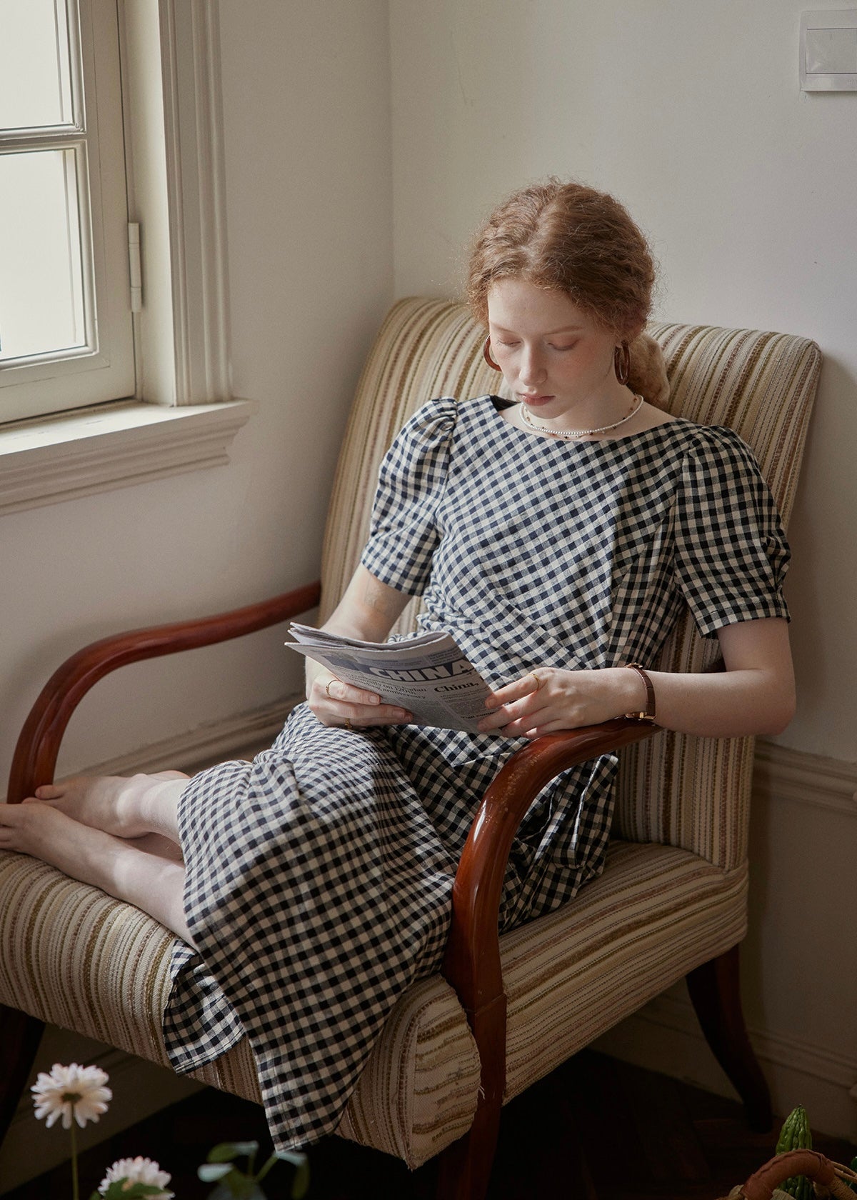 Black Gingham Wrap Dress Puff Sleeve Vintage Dress