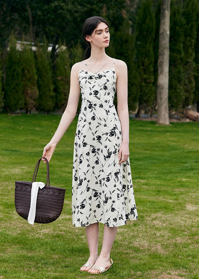 Moonlight Petal Slip Dress | Black and White Floral Dress for Summer