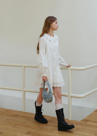 White Vintage Doll Collar Ruffle Pintuck Mini Dress