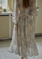 Ash Mist Blue Vintage Print Long Sleeve Dress