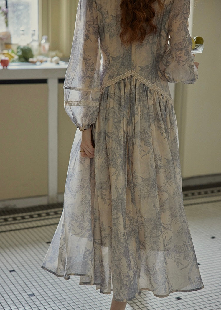 Ash Mist Blue Vintage Print Long Sleeve Dress