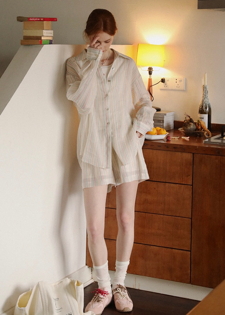 Morning Haze Soft Stripe Set | Pastel Vintage Shirt & Shorts Outfit