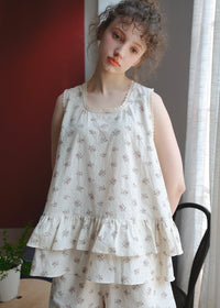 Cream Petaline Cotton Pajama Set Floral Lace Trim Layered Lounge Set