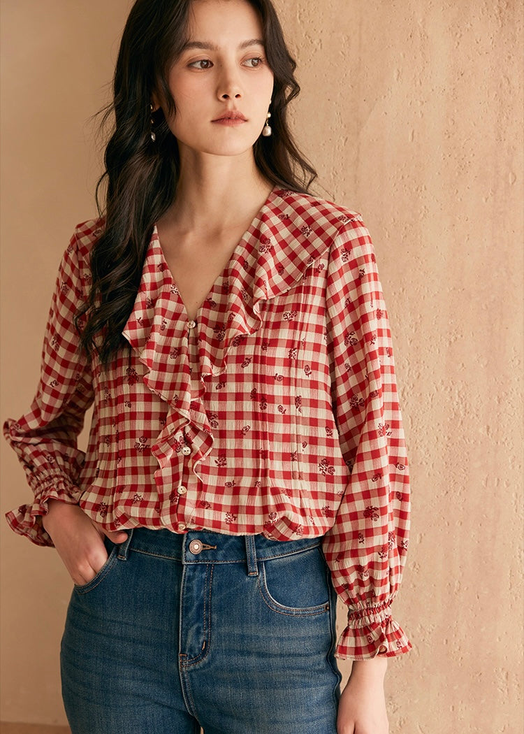 Rosie Ruffle Blouse | Vintage Red Gingham Floral Embroidered Top