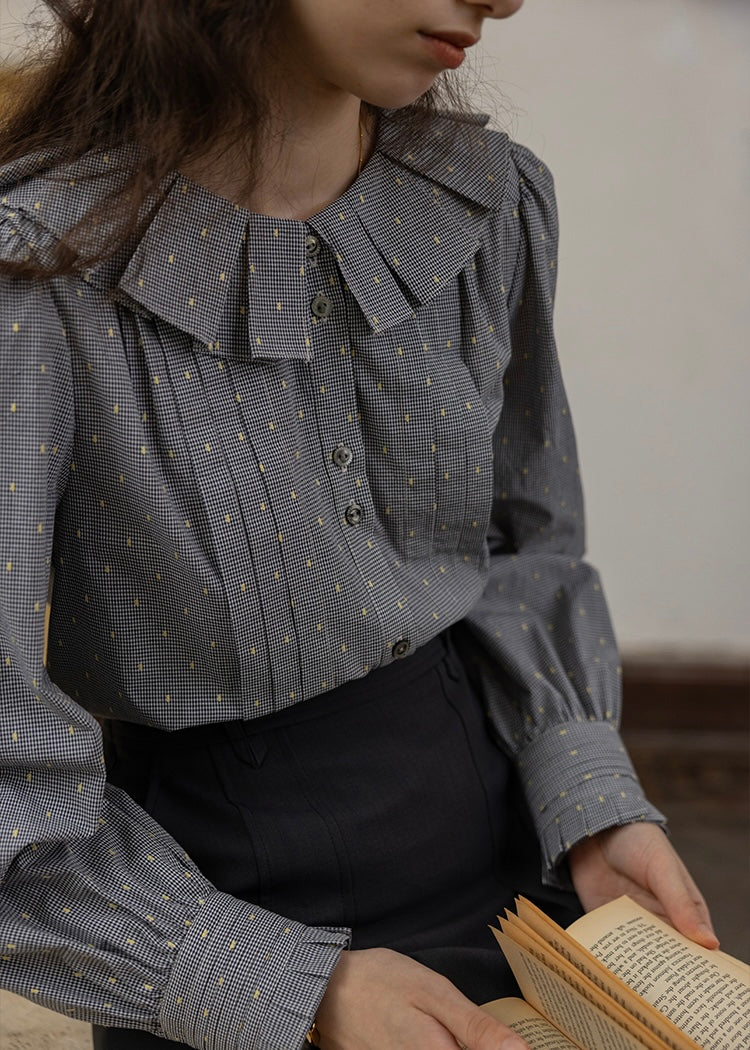 Vintage Dot Pintuck Ruffle Collar Blouse Shirt