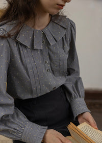 Vintage Dot Pintuck Ruffle Collar Blouse Shirt