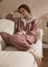Vintage Pink Lace Collar Long Sleeve Women's Pajama Set