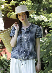 Midnight Check Ruffle Collar Short Sleeve Blouse