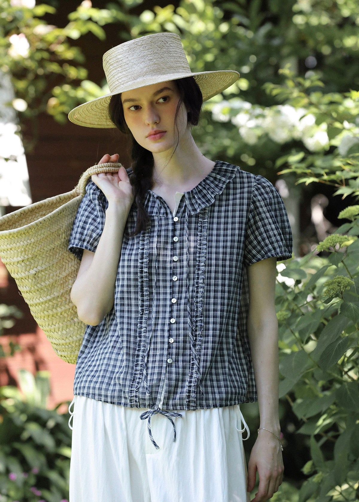 Midnight Check Ruffle Collar Short Sleeve Blouse