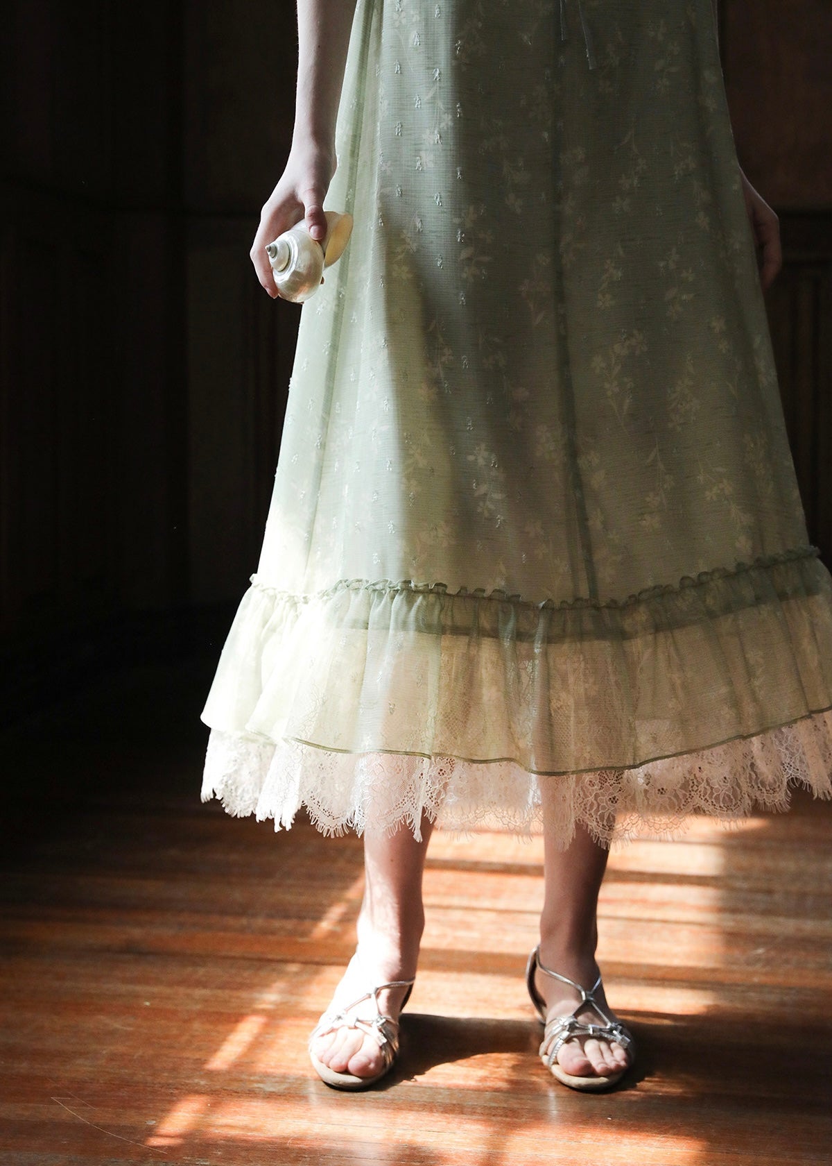 Sage Ruffle Lace Trim Sleeveless Long Dress