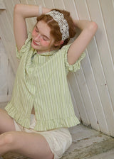 Liora Mint Stripe Puff Sleeve Ruffle Hem Blouse