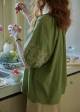 Willow Garden Embroidered Blouse | Romantic Green Cotton Shirt