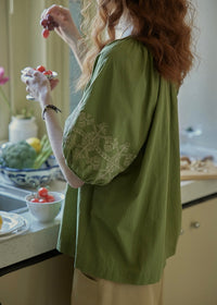 Willow Garden Embroidered Blouse | Romantic Green Cotton Shirt