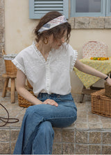 Embroidered Frill Sleeve Linen Blend Blouse(2COLOR)