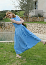 Sky Blue Sleeveless Cotton Summer Loose and Slim Dress