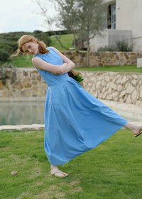 Sky Blue Sleeveless Cotton Summer Loose and Slim Dress