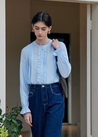 Cloudlight Pin Tuck Blouse | Vintage Blue Long Sleeve Ruffle Shirt
