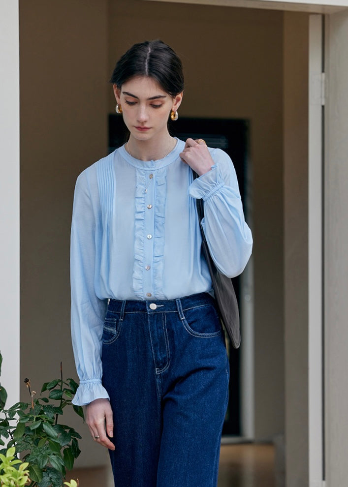 Cloudlight Pin Tuck Blouse | Vintage Blue Long Sleeve Ruffle Shirt