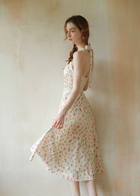 Summer Poem Rose Print Halter Backless Dress