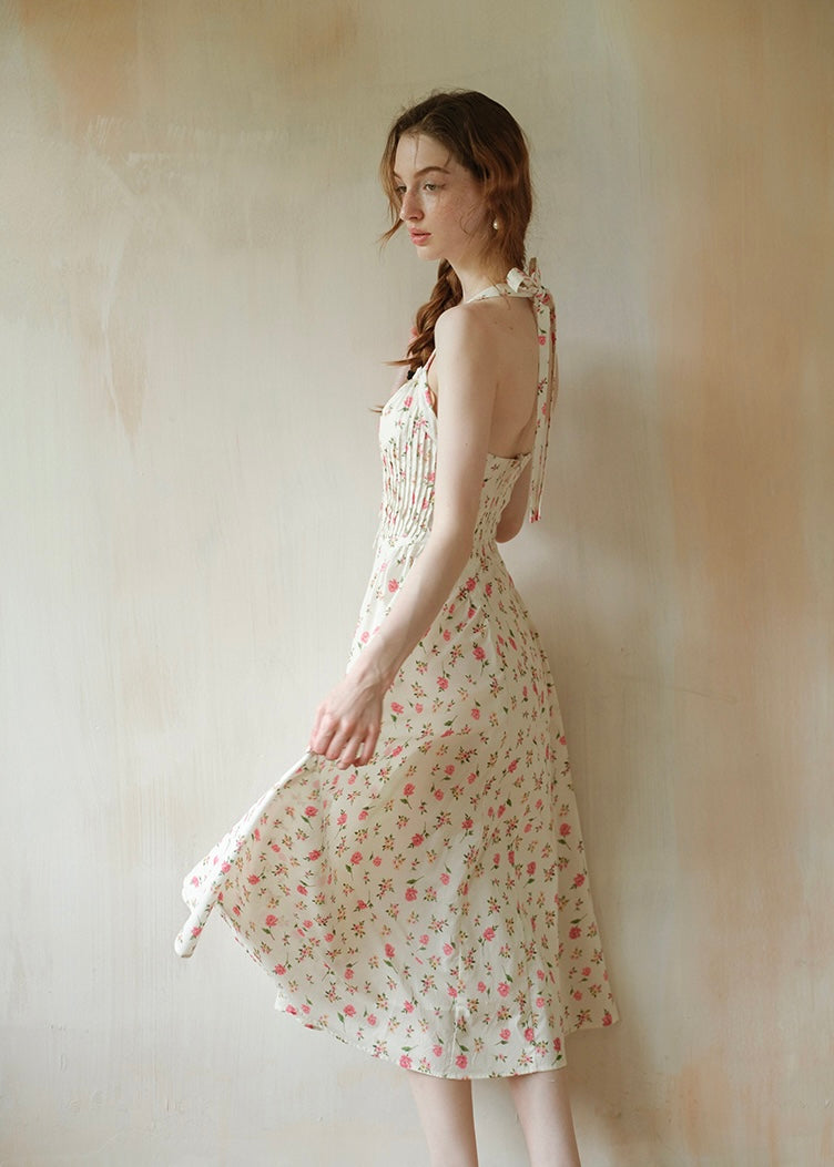 Summer Poem Rose Print Halter Backless Dress