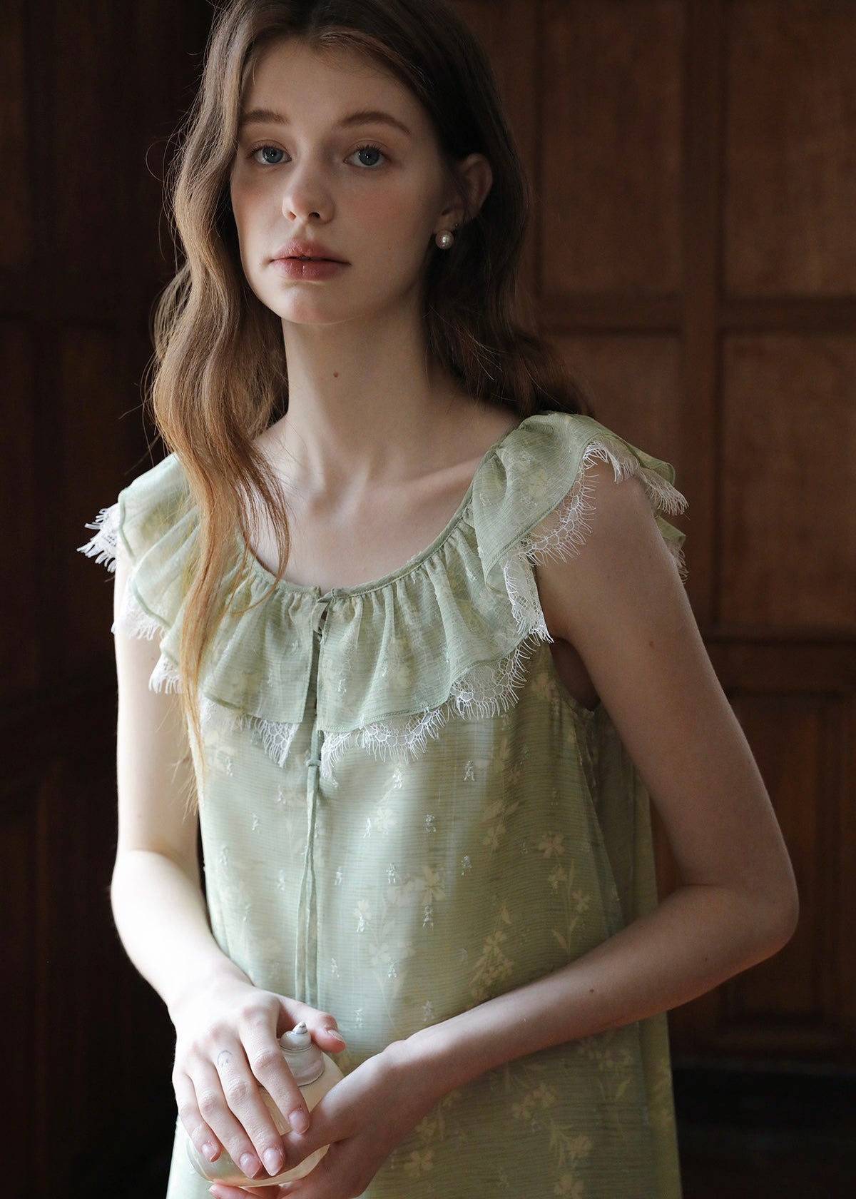 Sage Ruffle Lace Trim Sleeveless Long Dress