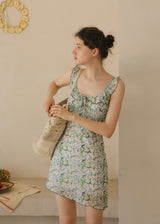 Green Petal Sheer Floral Ribbon Sleeveless Top