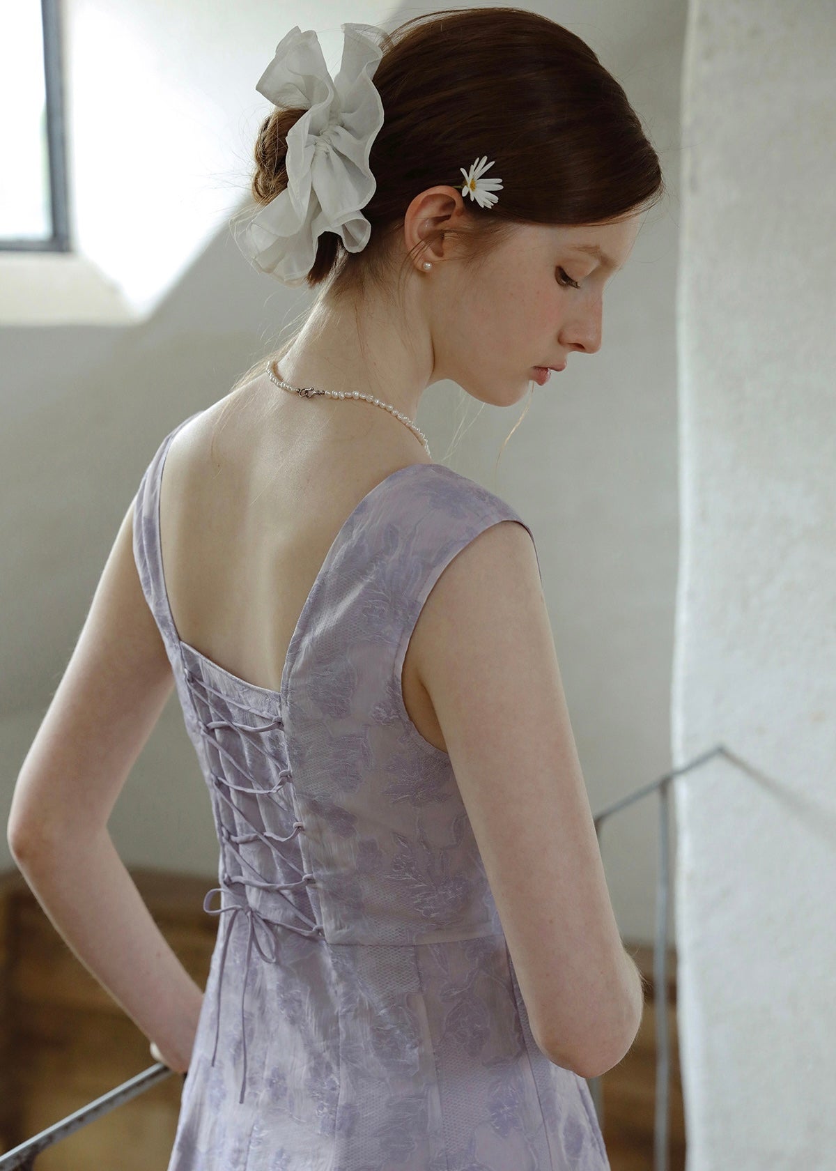 Lilas Reverie Lavender Jacquard Lace-Up Dress