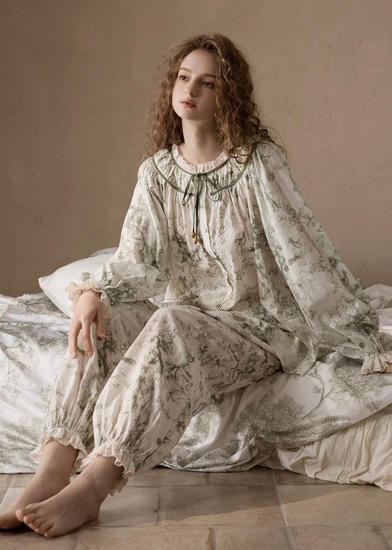 Vintage Floral Cotton Long Sleeve Women's Pajama Set(2COLOR)