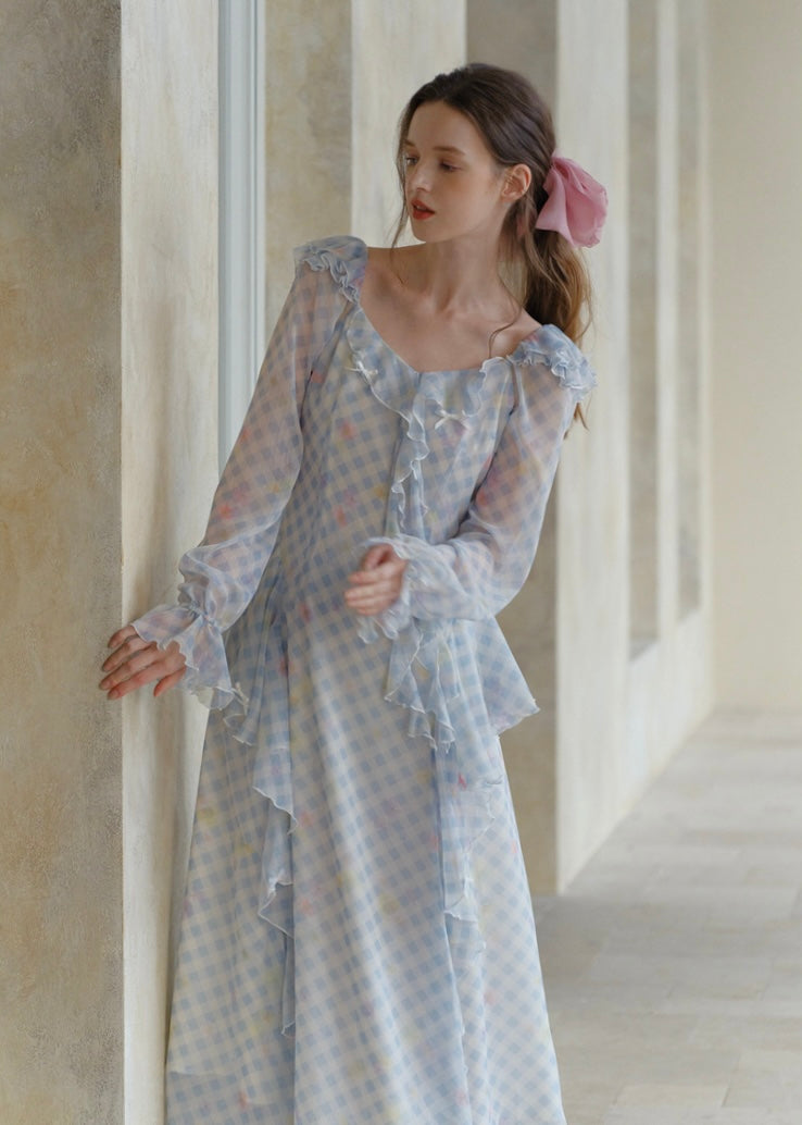 Pastel Ribbon Days Dress | Vintage Gingham Ruffle Long Dress