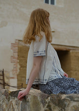 Blue Thread Embroidered Vintage Short Sleeve Blouse