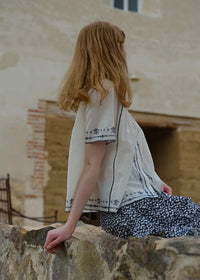 Blue Thread Embroidered Vintage Short Sleeve Blouse