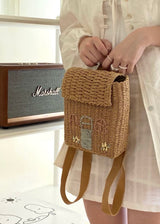 Woven Straw Backpack with Cottage Embroidery