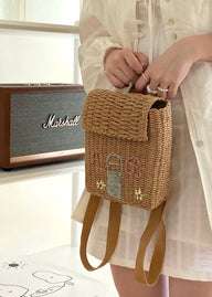 Woven Straw Backpack with Cottage Embroidery