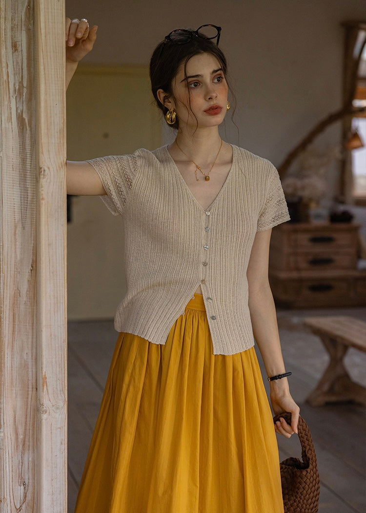 Été Knit Button Top | Slim Fit V-Neck Ribbed Summer Cardigan Blouse(2COLOR)