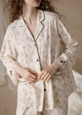 Rose Lace Trim Cream Beige Vintage Pajama Set Nightwear