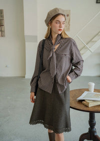 Vintage Plaid Scarf Tie V-Neck Blouse
