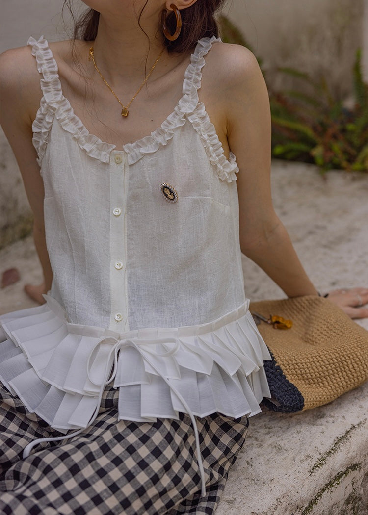Lily Ruffle Blouse | Romantic White Frill Linen Sleeveless Top