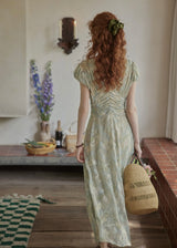 Verde Bloom Long Dress | Vintage Mint Floral Ruched Dress