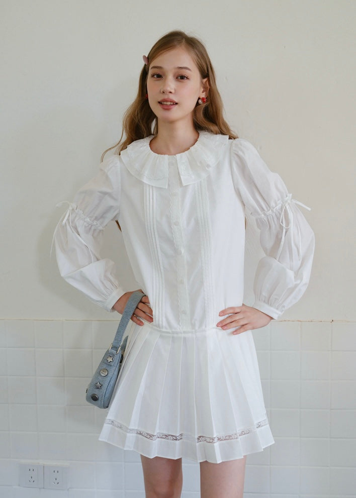 White Vintage Doll Collar Ruffle Pintuck Mini Dress