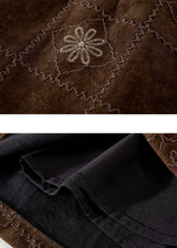 Brown Embroidered Suede A-Line Mini Skirt