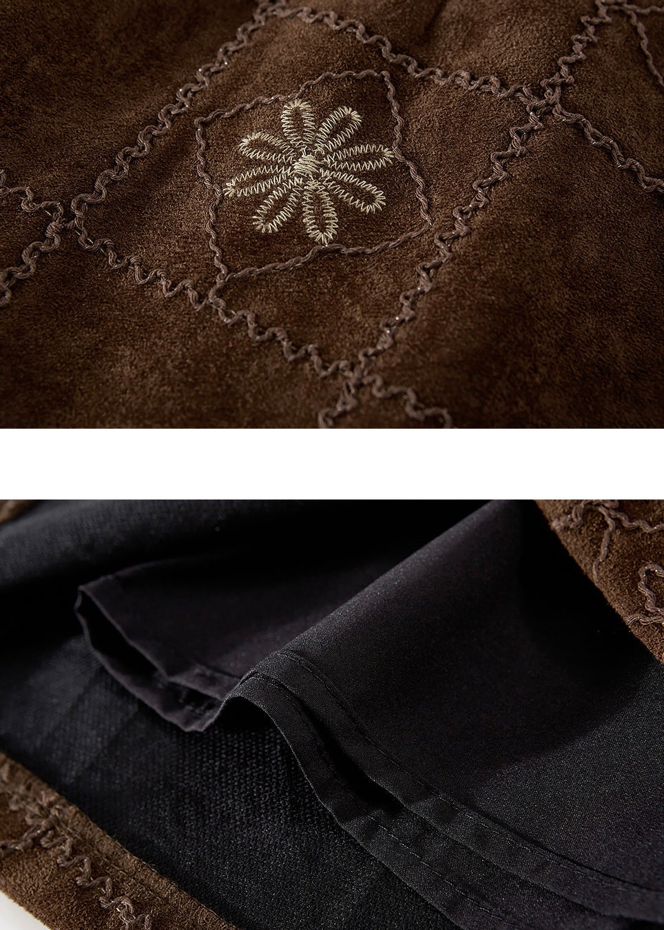 Brown Embroidered Suede A-Line Mini Skirt