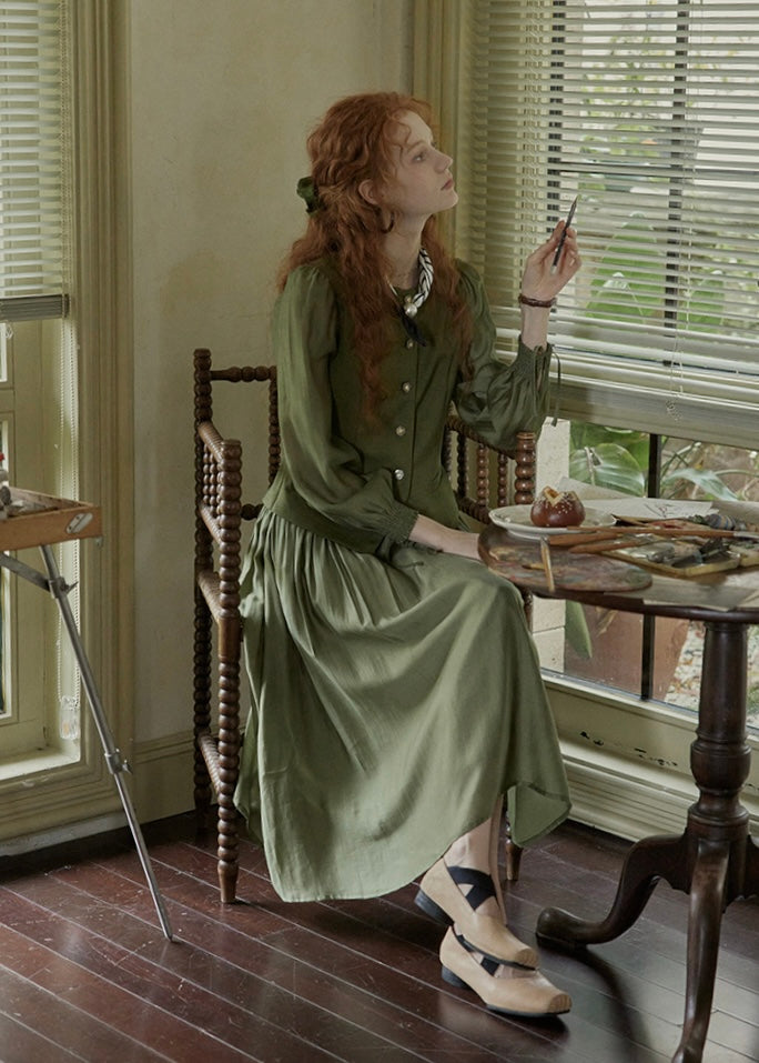 Olive Charm Vintage High Waist Two-Piece Dress