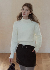 Cream Apricot Diagonal Button Collar Knit Sweater